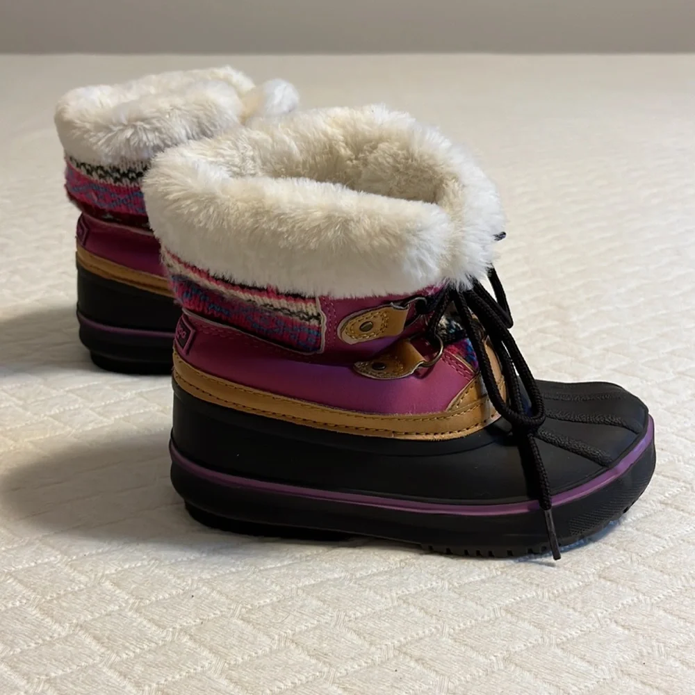 London Fog winter boots, sweater knit uppers, faux fur, pink/brown kids 10